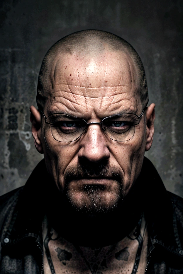 
A gritty, high-contrast portrait of Walter White, the central character from the acclaimed TV series "Breaking Bad". Walter's intense, weathered face dominates the frame, with his piercing eyes and determined expression conveying a sense of the character's transformation from a mild-mannered chemistry teacher to a ruthless criminal mastermind. The lighting is dramatic, casting deep shadows and highlights that accentuate Walter's rugged features. The overall aesthetic is dark, moody and evocative of the show's tense, high-stakes drama. This would make for a compelling and visually striking movie poster or key art that captures the essence of this iconic television character.