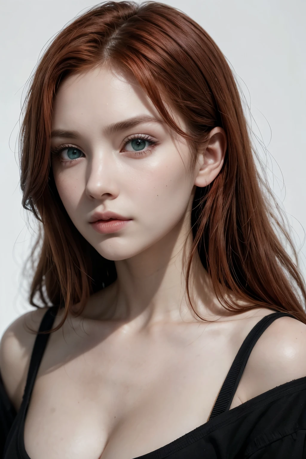 front view, looking at camera, RAW photo,((black shirt:1.2)), ((portrait)),beautiful red hair 30 years old woman, green eyes, perfecteyes eyes, ((white background:1.2)), studio lighting, high quality, film grain, Fujifilm XT3, centralized