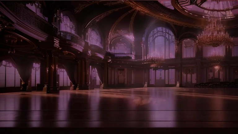 arafed image of a large room with a chandelier and a clock, ballroom background, palace background, dark majestic ornate great hall, dance hall background, dreamy atmosphere and drama, dramatic lighting. concept art, art nouveau octane render, background artwork, background art deco palace, decadent throne room, background of a golden ballroom, beautiful and cinematic lighting, magical atmosphere