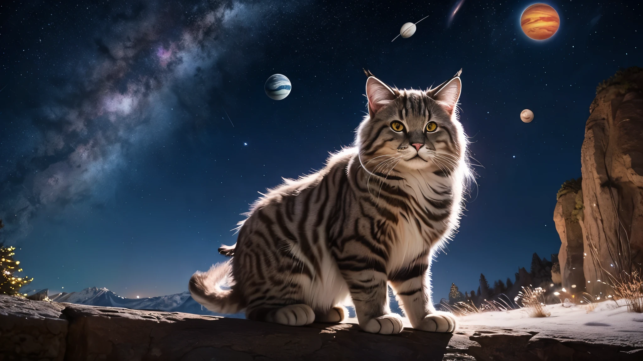 Dreamworks art style super fluffy silver tabby eared large cat with night background and planets in the sky