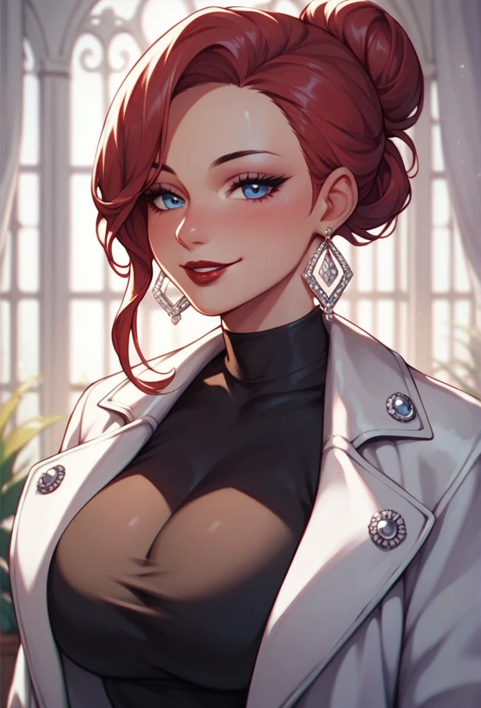 Hot sexy beautiful one women,  long silver chandelier earrings,big breasts, ,red hair ,  hair bun,blush,blue eyes, smiling,red lipstick, white coat, black shirt, long sleeves