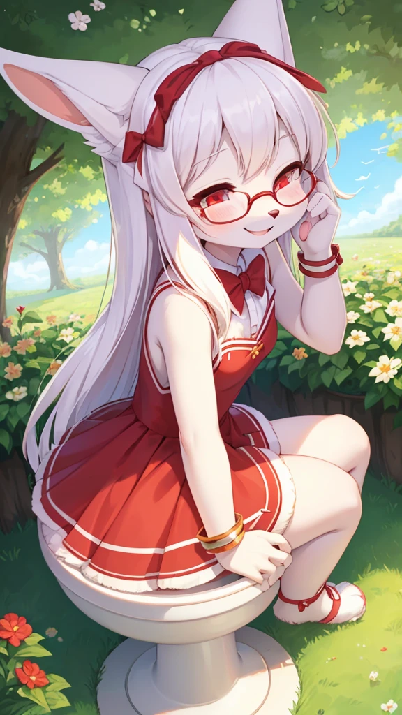 best quality,Optimal resolution,(Fluffy anthropomorphic furry :1.6),(young :1.6),White Rabbit Girl,Small Breasts,Red Eyes,Bright Eyes,White long hair,White rabbit with long ears,White rabbit tail,Red ribbon bow tie,Glasses,Red ribbon hairpin,Red bracelet with ribbon,Pink cute ruffle dress，Bring a bow,Huge garden,White beam,outdoor,Smiley Face,Smile,Two eyes closed，Sitting on the toilet，The butt stinks，Covering my butt in surprise