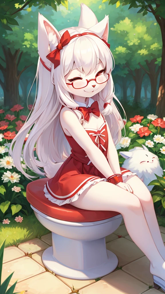 best quality,Optimal resolution,(Fluffy anthropomorphic furry :1.6),(young :1.6),White Rabbit Girl,Small Breasts,Red Eyes,Bright Eyes,White long hair,White rabbit with long ears,White rabbit tail,Red ribbon bow tie,Glasses,Red ribbon hairpin,Red bracelet with ribbon,Pink cute ruffle dress,Bring a bow,Huge garden,White beam,outdoor,Smiley Face,Smile,Two eyes closed,Sitting on the toilet,The butt stinks,Covering my butt in surprise