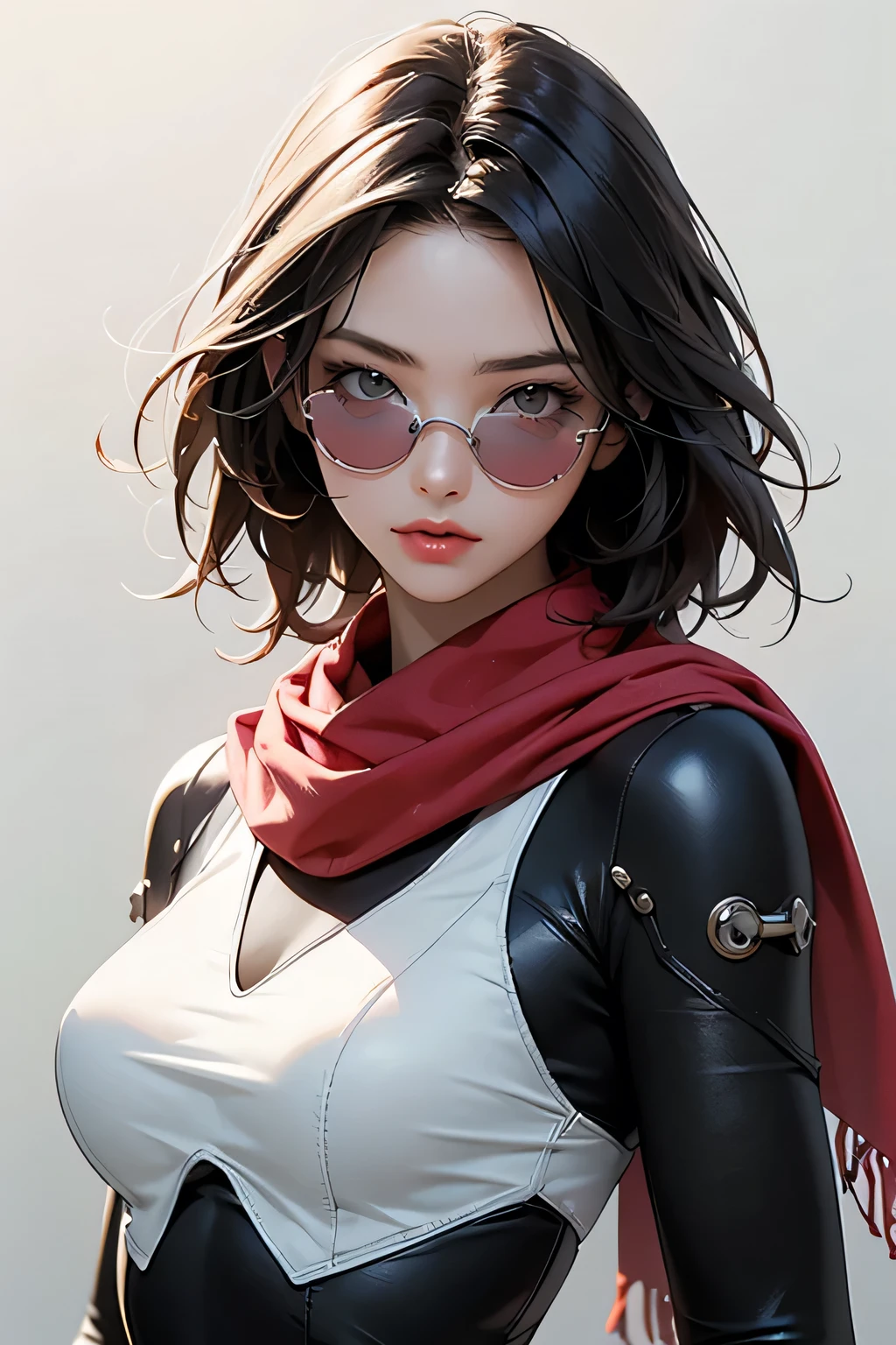 (masterpiece, best quality, 8k wallpaper, high resolution, ultra realistic) , 2 women, 2 girls with sunglasses, 18 years old, black hair (long hair, short hair), 8k, RAW portrait (Japanese woman), masterpiece, photorealistic: 1.3, realistic, ultra high resolution, best quality, real life photo, (in the evening: 1.1), ((((1 girl: 1.5))))(cute face: 1.3), perfect proportions, 80s oversized sunglasses, long hair, steampunk, Col: white/green, face retouch, labrador, robot suit, chrome skin, savvy, anime cosplay, cyber enhanced, skin color – silver, slim bodysuit, red scarf, light colored background, two people posing.