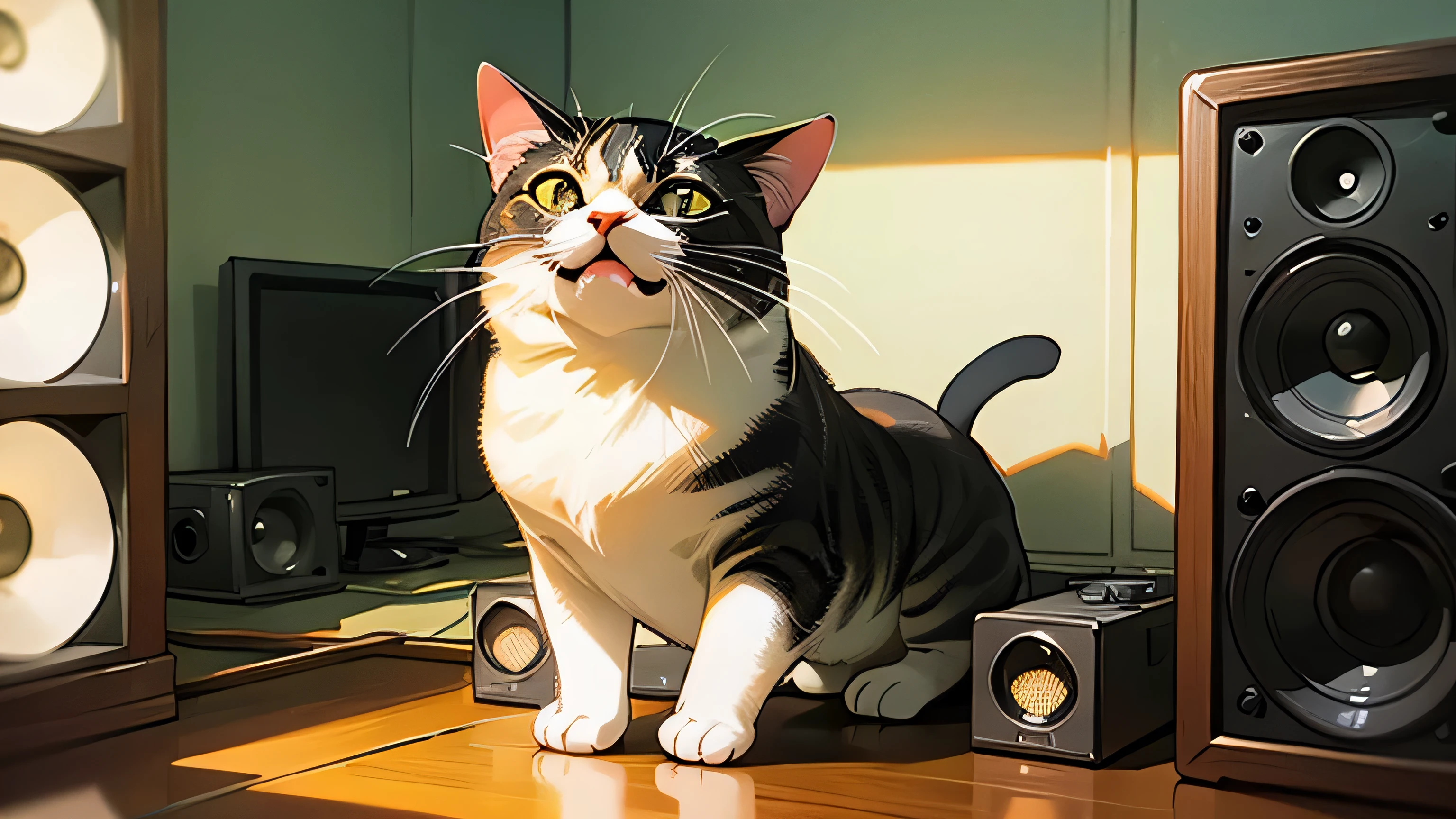 Room with speakers、、Realistic cat close-up、noon、Yawn