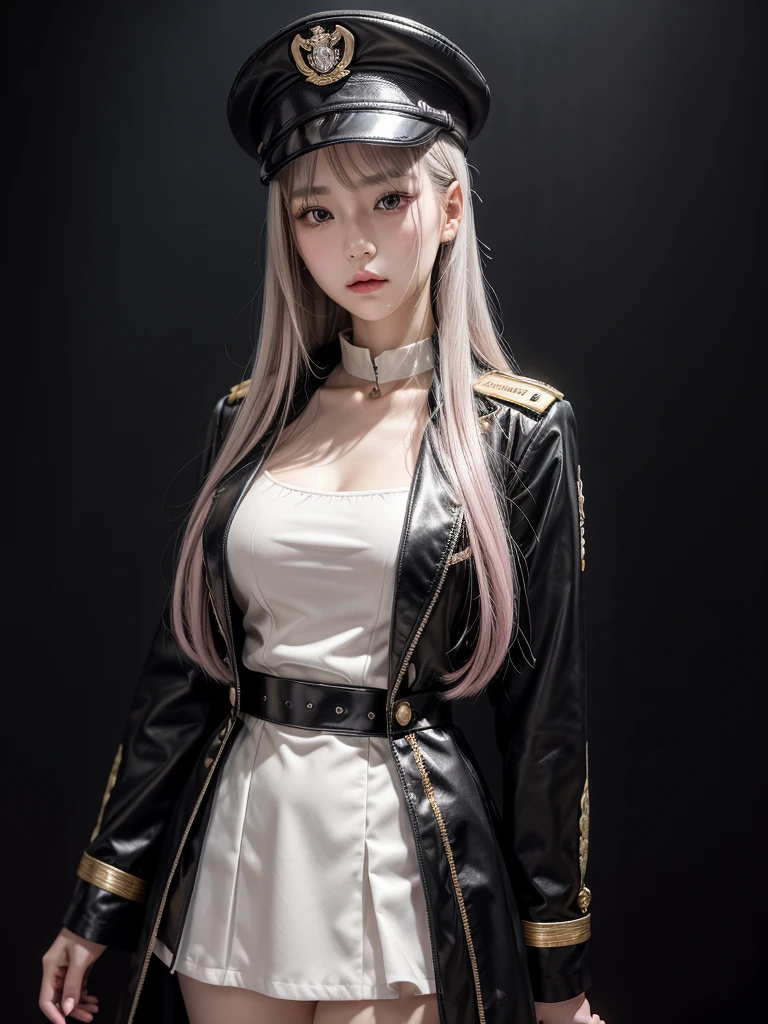 marin kitagawa sono bisque doll ,a beautiful, attractive, slender woman with long silver hair, pink eyes heterochromia with a military style black overcoat with gold details, buts extra large,black low-cut bodice with silver details, long skirt with black transparent shorts, a black cap with gold details