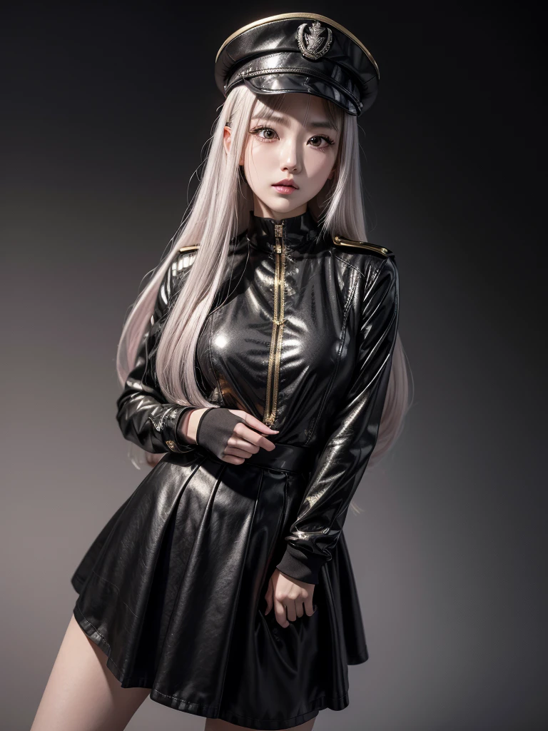 marin kitagawa sono bisque doll ,a beautiful, attractive, slender woman with long silver hair, pink eyes heterochromia with a military style black overcoat with gold details, buts extra large,black low-cut bodice with silver details, long skirt with black transparent shorts, a black cap with gold details