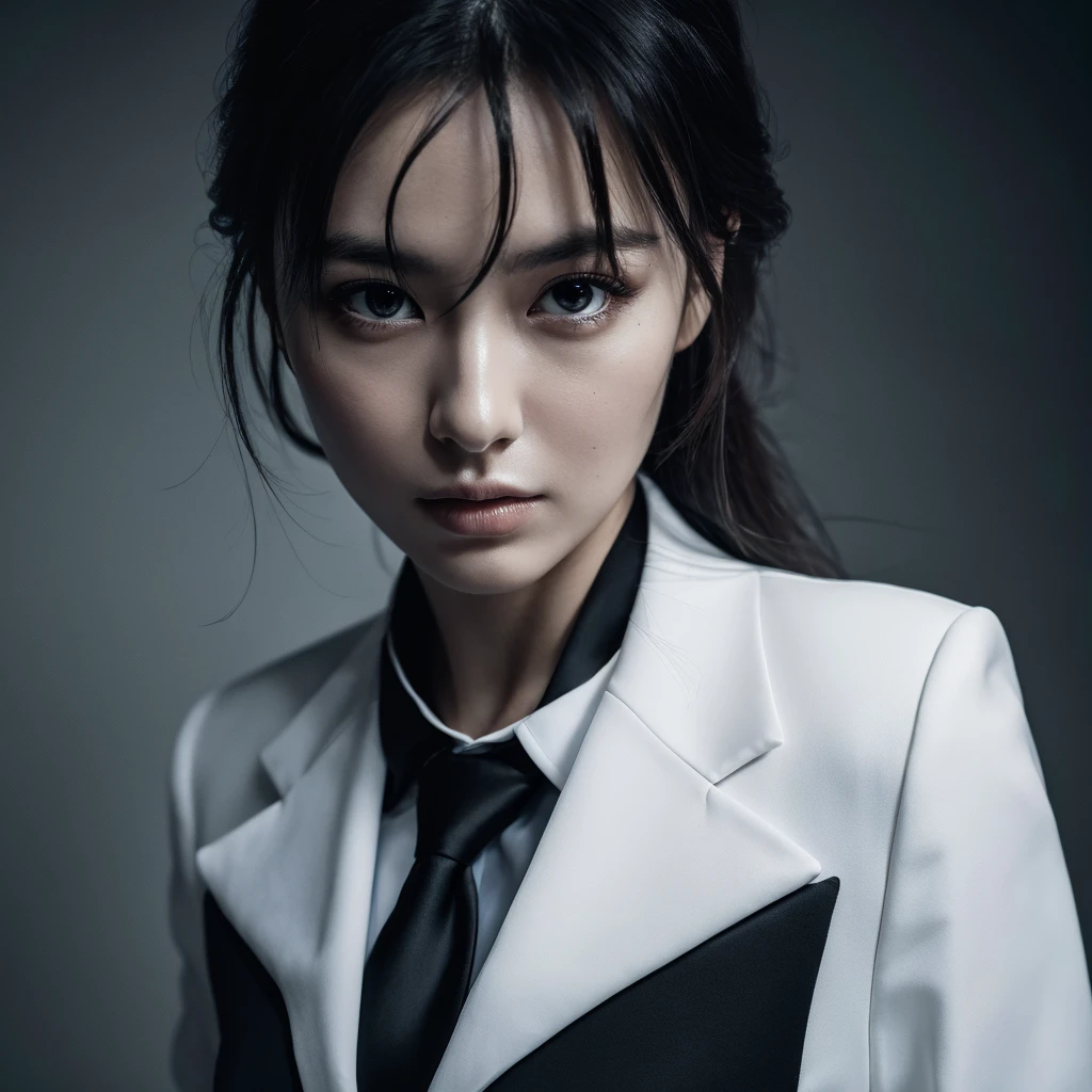 masterpiece, best quality, ultra realistic, hyper-detailed, 8k resolution, RAW photo, sharp focus, (1girl), solo, gorgeous face, perfect body, mature female, 25yo,  portrait, Black tie white suit, sexy, messy hair, cinematic, cinematic light, dark theme, white background.