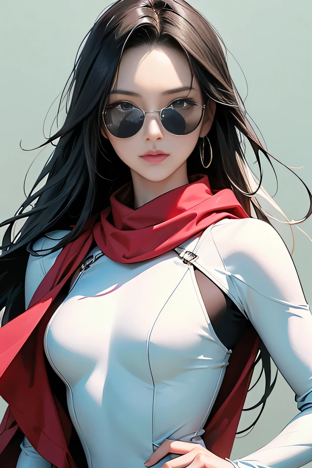 (masterpiece, best quality, 8k wallpaper, high resolution, ultra realistic), 1 woman, 1 girl with sunglasses, 18 years old, black hair (long hair,), 8k, RAW portrait (Japanese woman), masterpiece, photorealistic: 1.3, realistic, ultra high resolution, best quality, real life photo, (in the evening: 1.1), ((((1 girl: 1.5))))(cute face: 1.3), perfect proportions, 80s oversized sunglasses, long hair, steampunk, Col: white/green, face retouch, labrador, robot suit, chrome skin, savvy, anime cosplay, cyber enhanced, skin color – silver, slim bodysuit, red scarf, light colored background, two people posing.