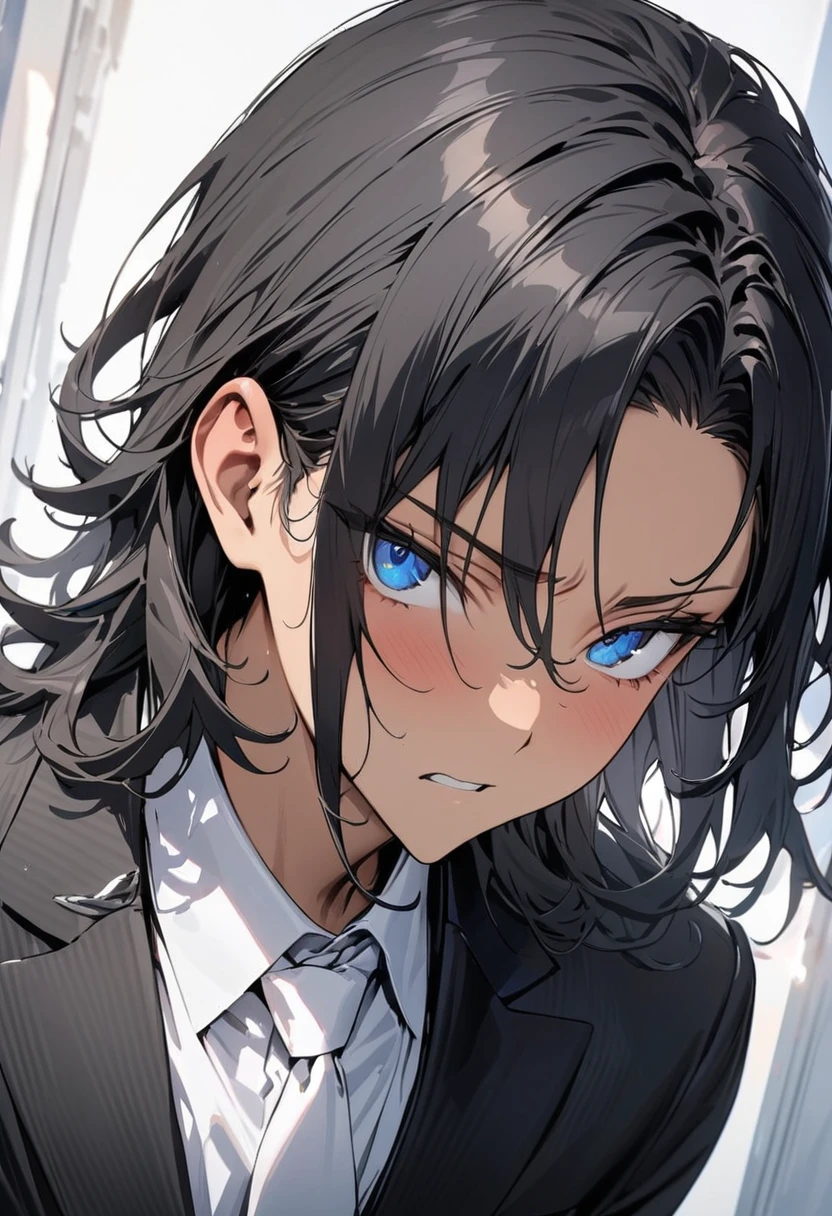 (( straight face picture )) ((best quality)), (Masterpiece)), (details), ( Beautiful colors ) ( ornamentation ) young man , Tanned skin , black hair ,blue eyes ,Shoulder-length hair ,Slightly curly hair , open forehead , wearing a black suit ,white tie , Wear a white doctor's coat ,