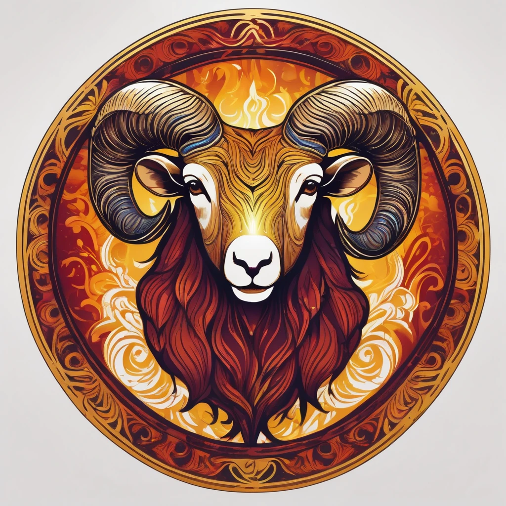 Fierce ram composed of flame patterns, Art Nouveau-inspired linework, passionate and dynamic, flickering fire illumination, intricate swirling designs, gradient of warm yellows to deep reds, centered chest and upper back print, embossed metallic effect, elemental zodiac collection, T-shirt design graphic, vector, contour, white background