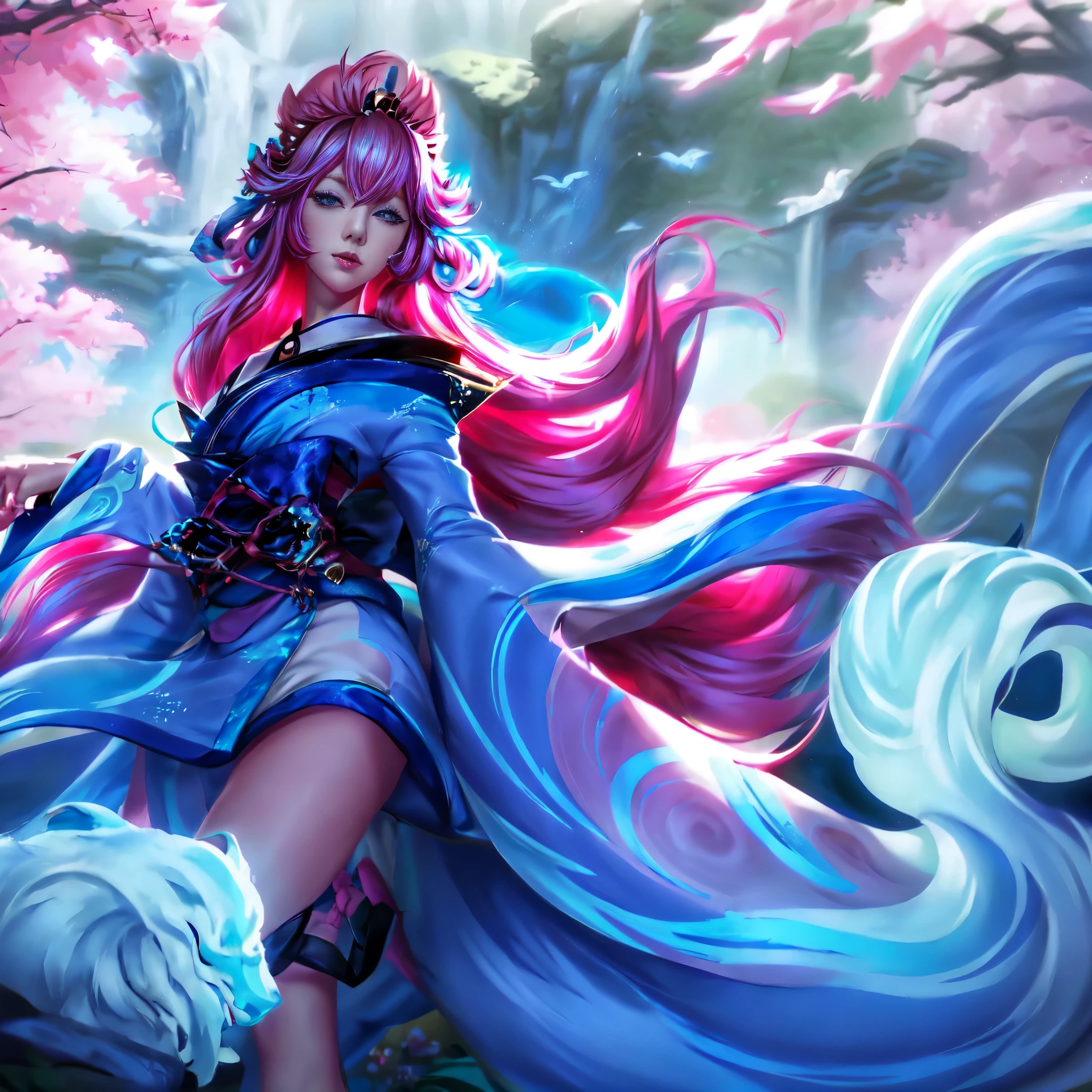 1womanl, pink  hair, super long hair, blue and white kimono.