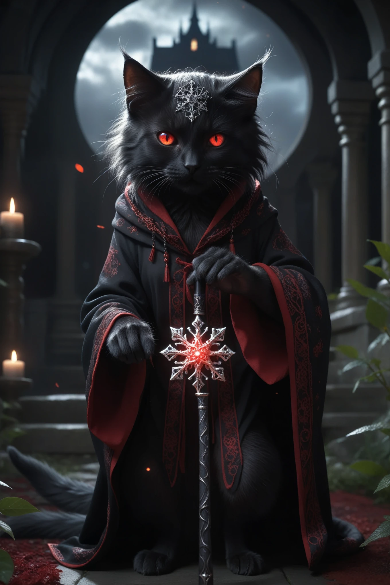 kitten,
Fantasy World,
Black cat sorcerer in intricate ancient robes,
Holding a black cane,
Red eyes,
Intricate runes swirling,
Cast a snowflake spell,
Fluffy tail,
Detailed local information,
(Ultra-detailed,high quality visuals,Dim lighting,Ultra-realistic,Sharply focused,Octane Rendering,8K Ultra HD,masterpiece,high quality),Beautiful sparkle,Beautiful sparkle,Chainrings,Lianlan,Dark Chain,((Hole Black Bloomer)),Dark side,night,Deep Darkness,darkness,((Dark Clouds)),((Remains)),Shadow,garden of death,