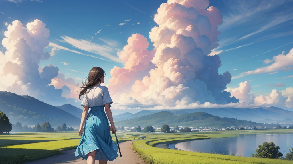 (Highest quality, masterpiece:1.2), Very detailed, Realistic:1.37, High resolution, Detailed Background、Paddy fields spread out、Huge cumulonimbus clouds visible in the distance、blue sky、Back view of a girl walking along a path、Beautiful landscape with vibrant colors、A hopeful and inspiring atmosphere、Courageous and inspiring portrayal、Delicate depiction of people and emphasis on landscapes、