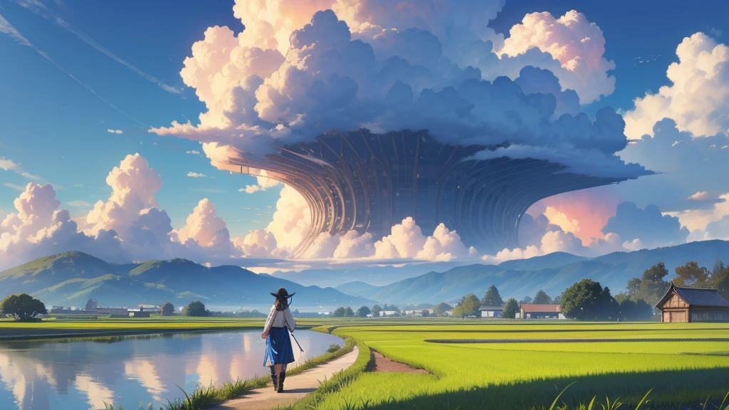 (Highest quality, masterpiece:1.2), Very detailed, Realistic:1.37, High resolution, Detailed Background、Paddy fields spread out、Huge cumulonimbus clouds visible in the distance、blue sky、Back view of a girl walking along a path、Beautiful landscape with vibrant colors、A hopeful and inspiring atmosphere、Courageous and inspiring portrayal、Delicate depiction of people and emphasis on landscapes、