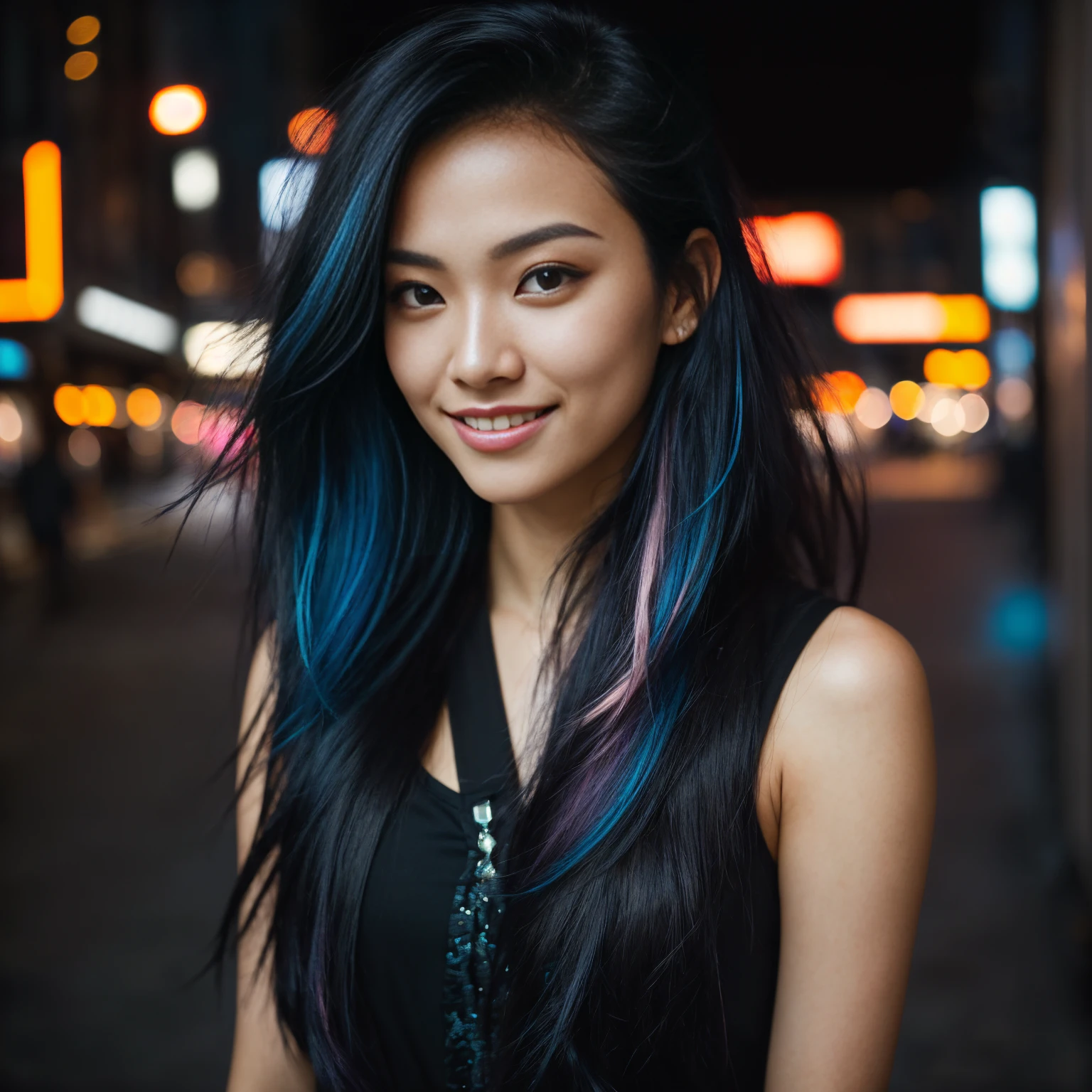 arafed woman with black hair , flowing pink hair, with black hair with blue highlights, photo of a beautiful woman, long flowing black hair, pink golden hour, curly black hair, beautiful young asian woman, beautiful asian woman, wild ginger hair, pink wispy hair, light black hair, a young asian woman, an asian woman, infp young woman, Portrait photo of a 24-year-old french girl in RAW UHD format (Black-eyed woman) Walk down the alley, day city, Details (textures! , Hair! , glistering, Color!! , imperfections: 1.1), highly detailed glossy eyes (looking at the camera), DSLR Lighting, SLR camera, Ultra-Quality, sharpness, Depth of field, Film grain (Downtown), Fujifilm XT3, Crystal clear, Frame Center, beatiful face, sharp-focus, neon lighting, bokeh (lit), day time, (open sky), detailed skin pores, oilly skin, suntan, Complex eye details, new york city, smiling, ((orange prison suit))