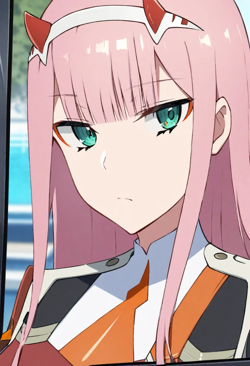 1girl, solo, zero_two_(darling_in_the_franxx), horns, long_hair, looking_at_viewer, bangs, hairband, closed_mouth, pink_hair, green_eyes, phone_screen, blue_eyes, portrait, white_hairband, aqua_eyes