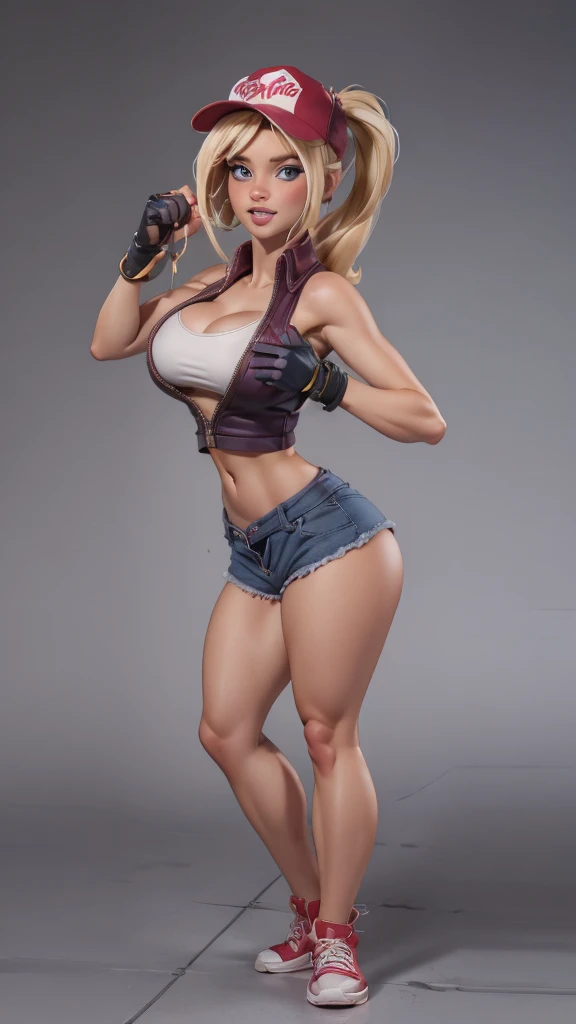 (masterpiece), best quality, expressive eyes, perfect face, highres, (8k), (perfect face), (ultra details), 1 girl, solo, terry bogard girl, blonde hair, ponytail, blue eyes, long hair, baseball cap, fingerless gloves, denim shorts, shoes, 
, blushing, frightened, anguished, open-mouthed, room background, no posing, standing, portrait, looking down. Piel humeda, manos y dedos bien detallados, (puños cerrado)