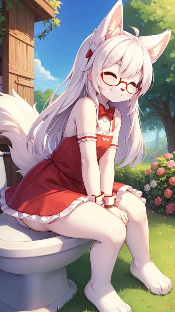 best quality,Optimal resolution,(Fluffy anthropomorphic furry :1.6),(young :1.6),White Rabbit Girl,Small Breasts,Red Eyes,Bright Eyes,White long hair,White rabbit with long ears,White rabbit tail,Red ribbon bow tie,Glasses,Red ribbon hairpin,Red bracelet with ribbon,Pink cute ruffle dress,Bring a bow,Huge garden,White beam,outdoor,Smiley Face,Smile,Two eyes closed,Sitting on the toilet,The butt stinks,Covering my butt in surprise