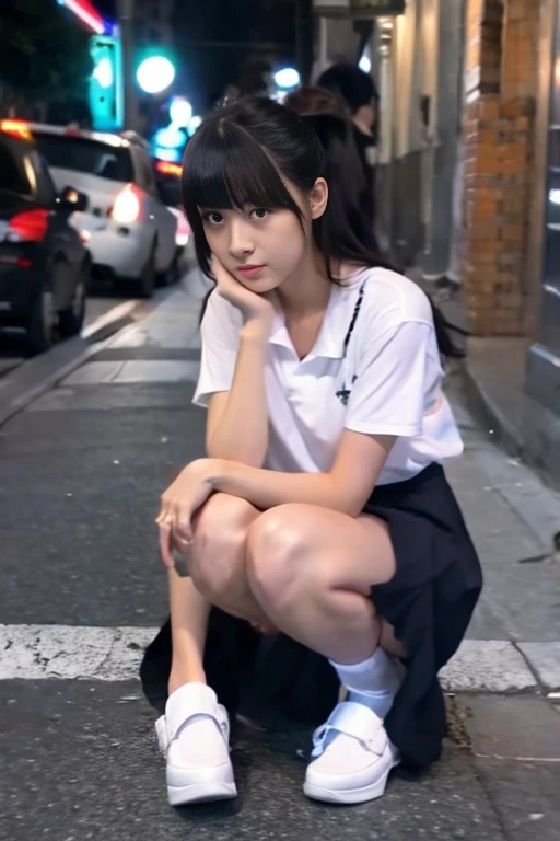 1 Female、(so beautiful)、(Beautiful Face:1.5)、The outline of the pubic area is clear、squat、Spread your legs、(White panties:1.4)、(High School Uniform)、(Dark blue pleated skirt)、(Wear black loafers)、(Shibuya sidewalk at night)、Neon Signs、(At S.F.W.:1.1)