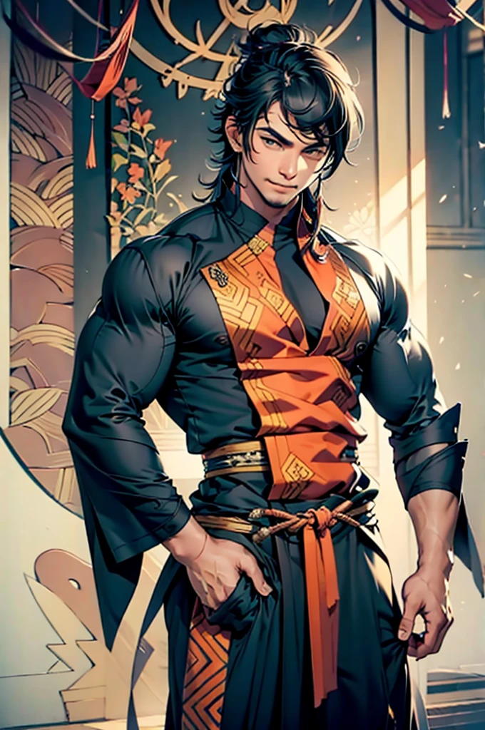 Men, muscular, Javanese costume, tight, wearing batik cloth, 
