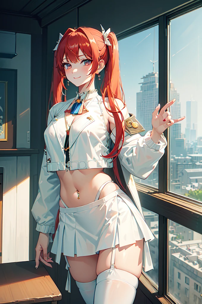 masterpiece, top quality, best quality, official art, beautiful and aesthetic:1.2), (8k, best quality, masterpiece:1.2), (((masterpiece))), (((best quality))), (((extremely detailed))), illustration, who, (masterpiece, top quality, best quality, official art, beautiful and aesthetic:1.2), (8k, best quality, masterpiece:1.2), absurdres, natural volumetric lighting and best shadows, deep depth of field, sharp focus, soft delicate beautiful attractive face, vandread, strawberry blonde Nadia with a choker, classroom, slutty personality, (((twintails))), looking at viewer, vandread drawing style, perfect hands, 1girl, nail polish, gyaru, solo, long hair, side ponytail, red eyes, looking at viewer, thighhighs, jewelry, standing, smiling, earrings, indoors, bracelet, makeup, navel piercing, garter belt, edgWhaleTail, wearing edgWhaleTail, visible thong straps, (((g-string))), white skirt, ((((((split skirt)))))), (((white jacket))), (((white vest))), ((((((marine jacket with medals)))))), bowtie, realistic, Dark skinned, Smirking, Stylish Gal,