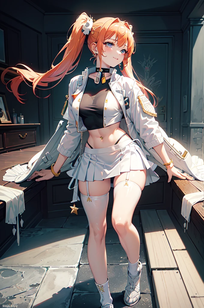 masterpiece, top quality, best quality, official art, beautiful and aesthetic:1.2), (8k, best quality, masterpiece:1.2), (((masterpiece))), (((best quality))), (((extremely detailed))), illustration, who, (masterpiece, top quality, best quality, official art, beautiful and aesthetic:1.2), (8k, best quality, masterpiece:1.2), absurdres, natural volumetric lighting and best shadows, deep depth of field, sharp focus, soft delicate beautiful attractive face, vandread, strawberry blonde Nadia with a choker, classroom, slutty personality, (((twintails))), looking at viewer, vandread drawing style, perfect hands, 1girl, nail polish, gyaru, solo, long hair, side ponytail, red eyes, looking at viewer, thighhighs, jewelry, standing, smiling, earrings, indoors, bracelet, makeup, navel piercing, garter belt, edgWhaleTail, wearing edgWhaleTail, visible thong straps, (((g-string))), white skirt, ((((((split skirt)))))), (((white jacket))), (((white vest))), ((((((marine jacket with medals)))))), bowtie, realistic, Dark skinned, Smirking, Stylish Gal,