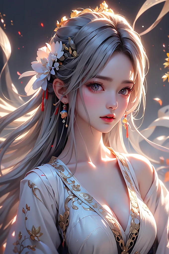 super high quality, masterpiece, Perfect illustration, Very detailed (Exquisite light and shadow, Very dramatic photo,Backlight) , ((Gray Hair:1.5))1 Girl,(( alone:1.6)), (Wearing Han clothes, Black and white Hanfu,Monotony,Long sleeve) Flower Field, Flowers, (White smoke:1.3) (Realistic:1.4), Zen Intertwining, Tangled, Official Art, unity 8k wallpaper, Very detailed, Beautiful and beautiful, masterpiece, Highest quality, (Dynamic Angle: 1.4), Glowing Skin, (Floating colorful flashes: 1) The most beautiful chaotic shapes, elegant, Brutalist Design, Bright colors, Romantic Depth of Field Exotic_dance, half_naked、（Expose your shoulders、Ample breasts、Beautiful cleavage）（side view）
