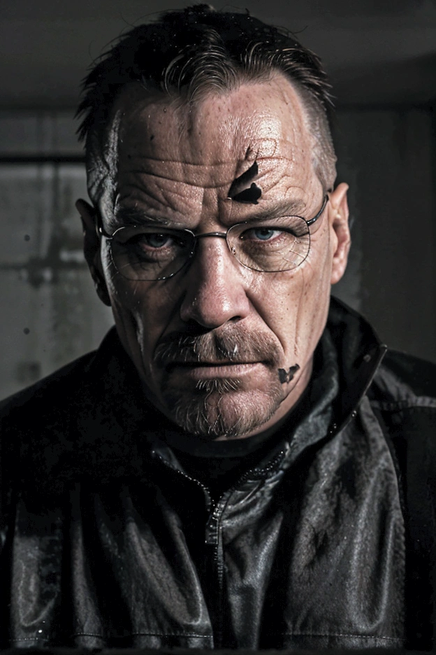 A gritty, high-contrast portrait of Walter White, the central character from the acclaimed TV series "Breaking Bad". Walter's intense, weathered face dominates the frame, with his piercing eyes and determined expression conveying a sense of the character's transformation from a mild-mannered chemistry teacher to a ruthless criminal mastermind. The lighting is dramatic, casting deep shadows and highlights that accentuate Walter's rugged features. The overall aesthetic is dark, moody and evocative of the show's tense, high-stakes drama. This would make for a compelling and visually striking movie poster or key art that captures the essence of this iconic television character.