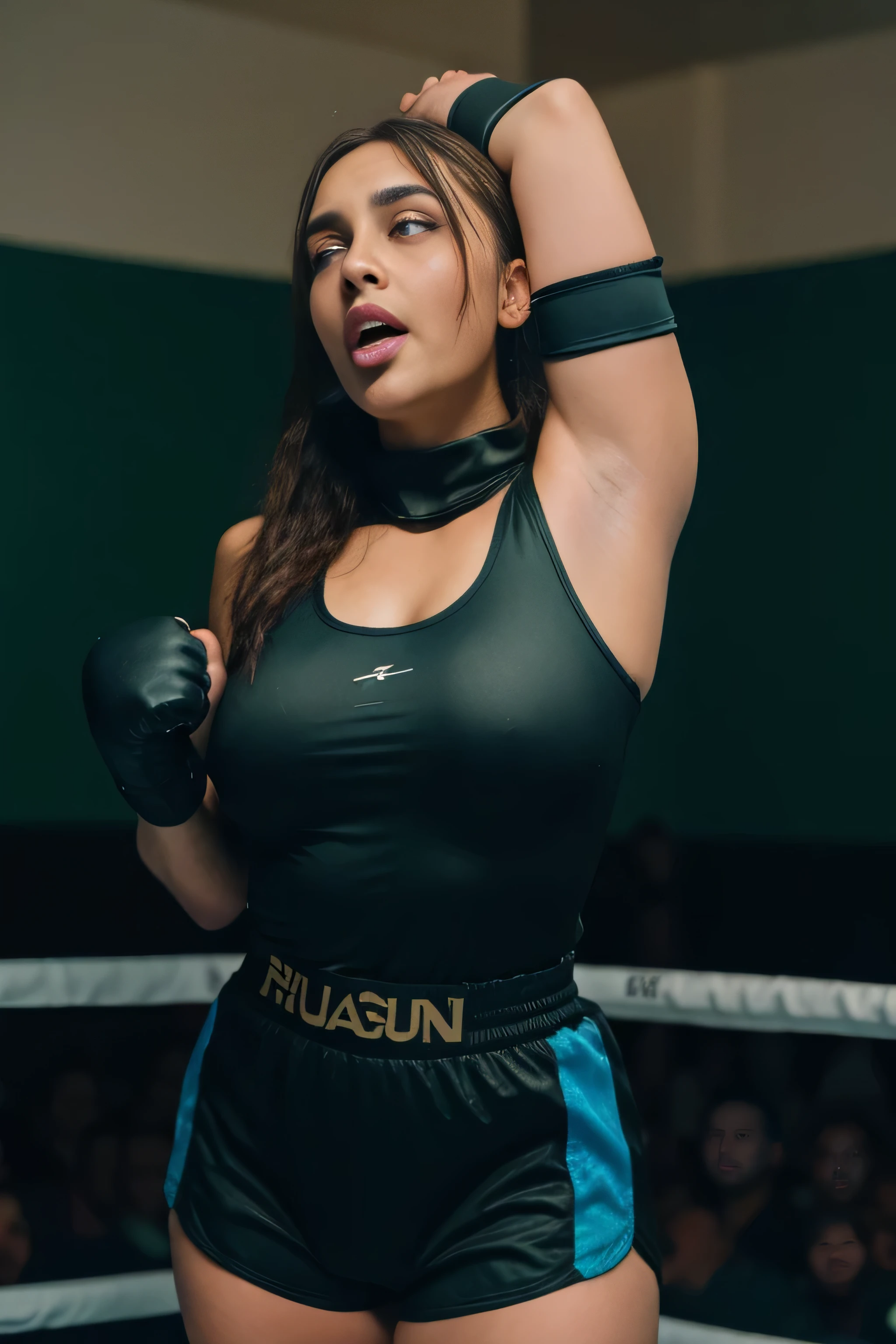 Looks like Sonakshi Sinha,slightly chubby,wearing black boxing gloves,black boxing gloves,boxing ring,sweaty,tired,exhausted,arms raised,both arms up,boxing gloves on both hands, intricate details,dark green outfit,(ArtStation:1.2),armpits,sweat,sweaty,sweaty armpits,arms up,showing armpits,awesome armpits,eyeroll,blue outfit,blackish blue arm warmers,red arm bands,green arm warmers