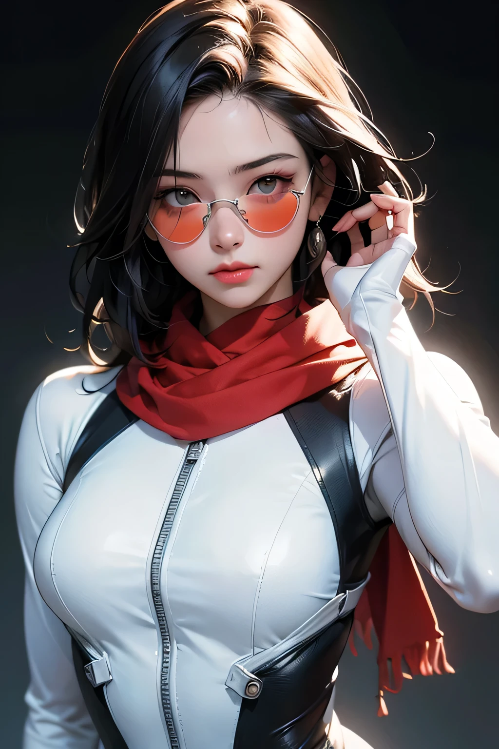 (masterpiece, best quality, 8k wallpaper, high resolution, ultra realistic) , 2 women, 2 girls with sunglasses, 18 years old, black hair (long hair, short hair), 8k, RAW portrait (Japanese woman), masterpiece, photorealistic: 1.3, realistic, ultra high resolution, best quality, real life photo, (in the evening: 1.1), ((((1 girl: 1.5))))(cute face: 1.3), perfect proportions, 80s oversized sunglasses, long hair, steampunk, Col: white/green, face retouch, labrador, robot suit, chrome skin, savvy, anime cosplay, cyber enhanced, skin color – silver, slim bodysuit, red scarf, light colored background, two people posing.