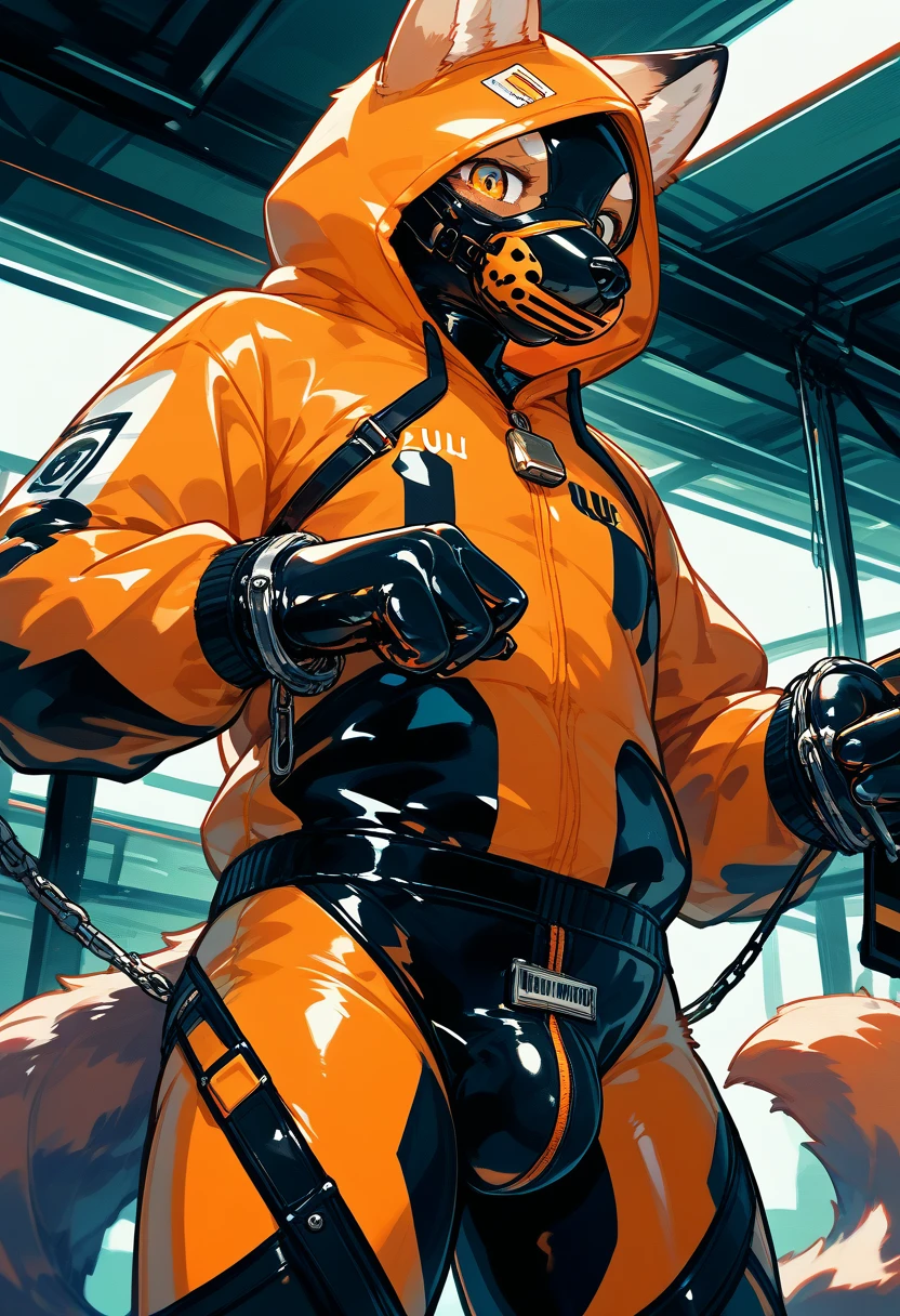 Highest quality, Highest quality, High quality illustrations, masterpiece, Ultra-high resolution, Detailed Background, In the cage, Absurd, Perfect Anatomy, performance, Good lighting, Shadows in the movies(kemono, Furry Personifi猫ion), Dark Skin, Rubber suit, Rubber suit, latex, Neon color, Black rubber spats, Orange rubber hoodie, Rubber mask, ribbon, Embarrassing, Null bulge, Both hands are shackled in front of him, first round, Lock, Prisoner, male, juvenile