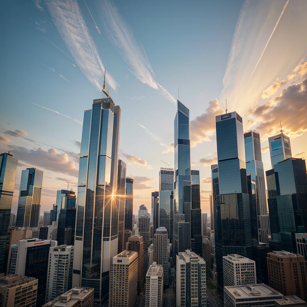 sunset atmosphere in the city, skyscrapers, beautiful sky, the view from the bottom of the building to the top of the building