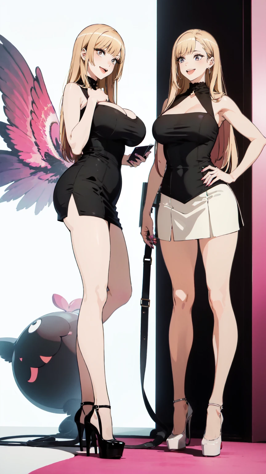 ((masterpiece, high resolution, better quality, better details)), ((Marin Kitagawa)), ((Smiling)), ((one girl)) a girl modeling standing, mini skirt, blouse, ((big neckline)), ((platform high heels)), pink eyes with black outline, (light blonde hair, straight hair, straight bangs, long hair)), long nails, pink nails, (((curvy body))), shiny skin, ((side view)), solo, bare shoulders, full body, focus full body, high heels, ((White background)),