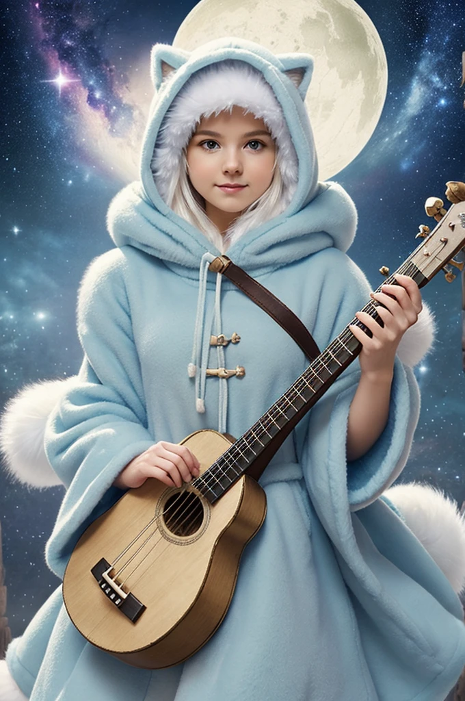 1 white nekomimi Arctic fox, bard, girl, full body, wear bard clothes, yellow eyes, (((holding lute instrument))), big fluffy tail, short fluffy hair, (((white-baby blue color pallate))), smug face, fluffy cloak hoodie, (((fantasy))), traveler, support class, right thigh strap, fluffy, fluffy boots with paw, traveler, big fluffy scarf, (((stars Accessories everywhere))), standing