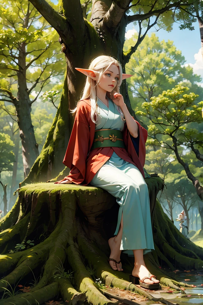 An elf wearing a kimono sitting on a large tree stump in a lush forest is casting a spell