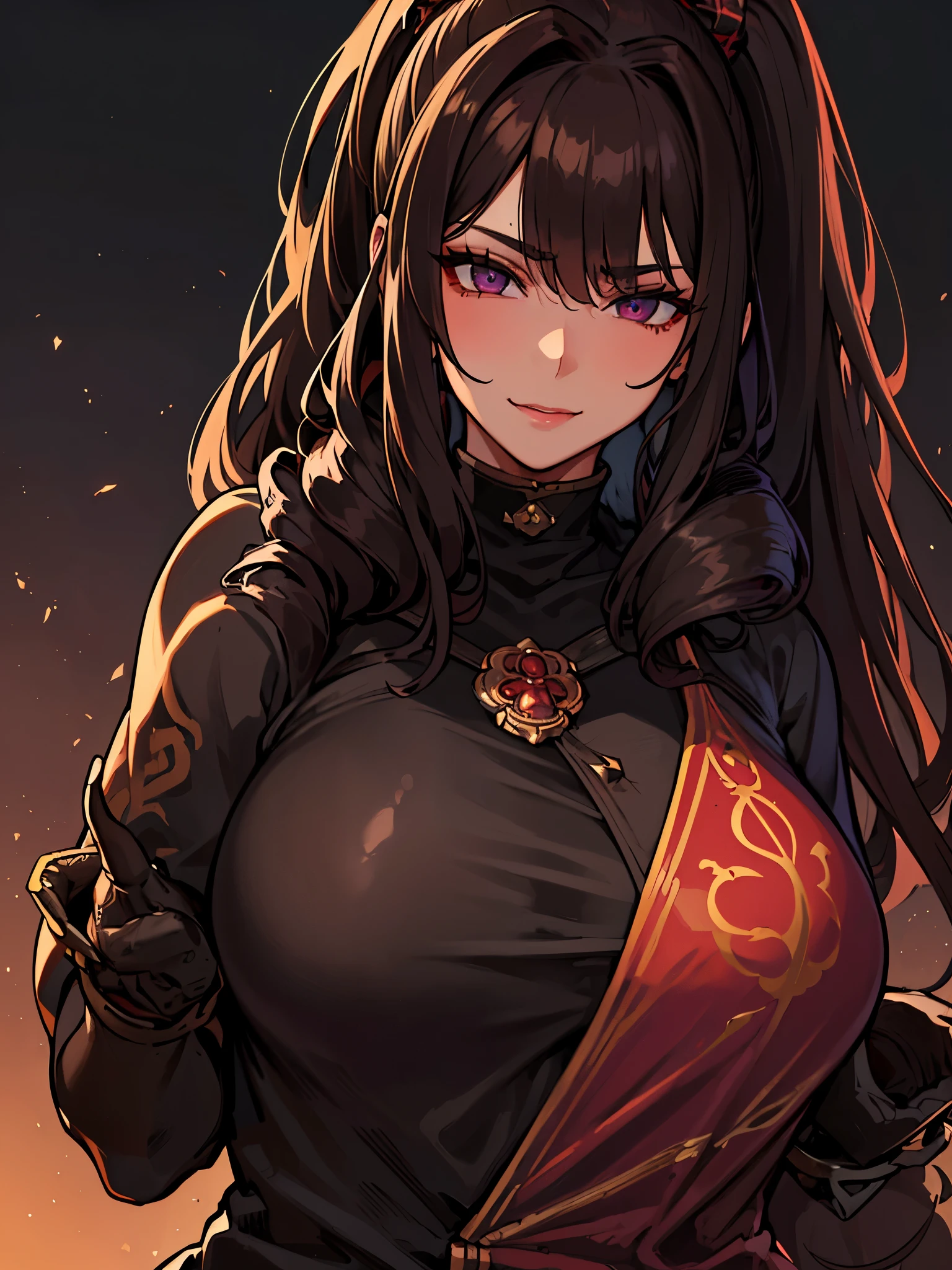 ((masterpiece)), ((best quality)), 1girl, adult, long hair, big bust, ((brown hair)), ((intimidant look)), ((close-up)), profile image, black and red clothes, sexy, dark colors, ((coat with fur)), ((wavy hair)), exposed skin, ((sexy pose)), good anatomy, ((dark sage clothes)), ((straight cut bangs)), emotionless, intimidant, ((beautiful eyes)), dark background, close up, ((detailed eyes)), ((detailed face)), hair bang, frontal look, relaxed, smile, queen, ponytail, violet eyes