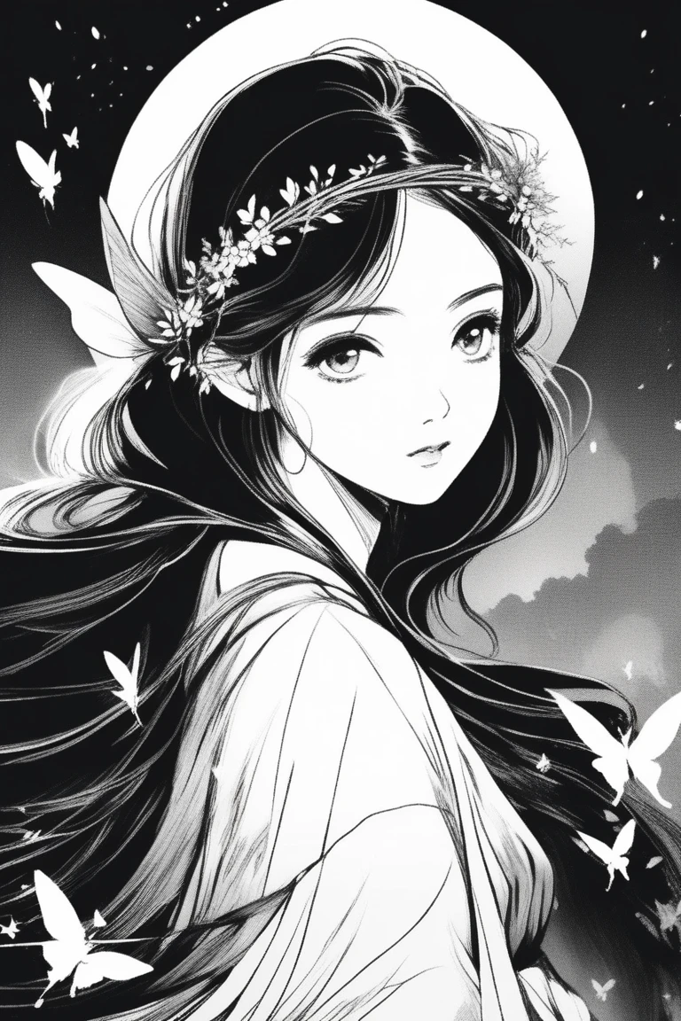 (best quality, sketch:1.2),realistic,illustrator, anime, fairy, magical, textured cropping, masterpiece, style retro classic, noir style , Japanese style, ((monochrome))