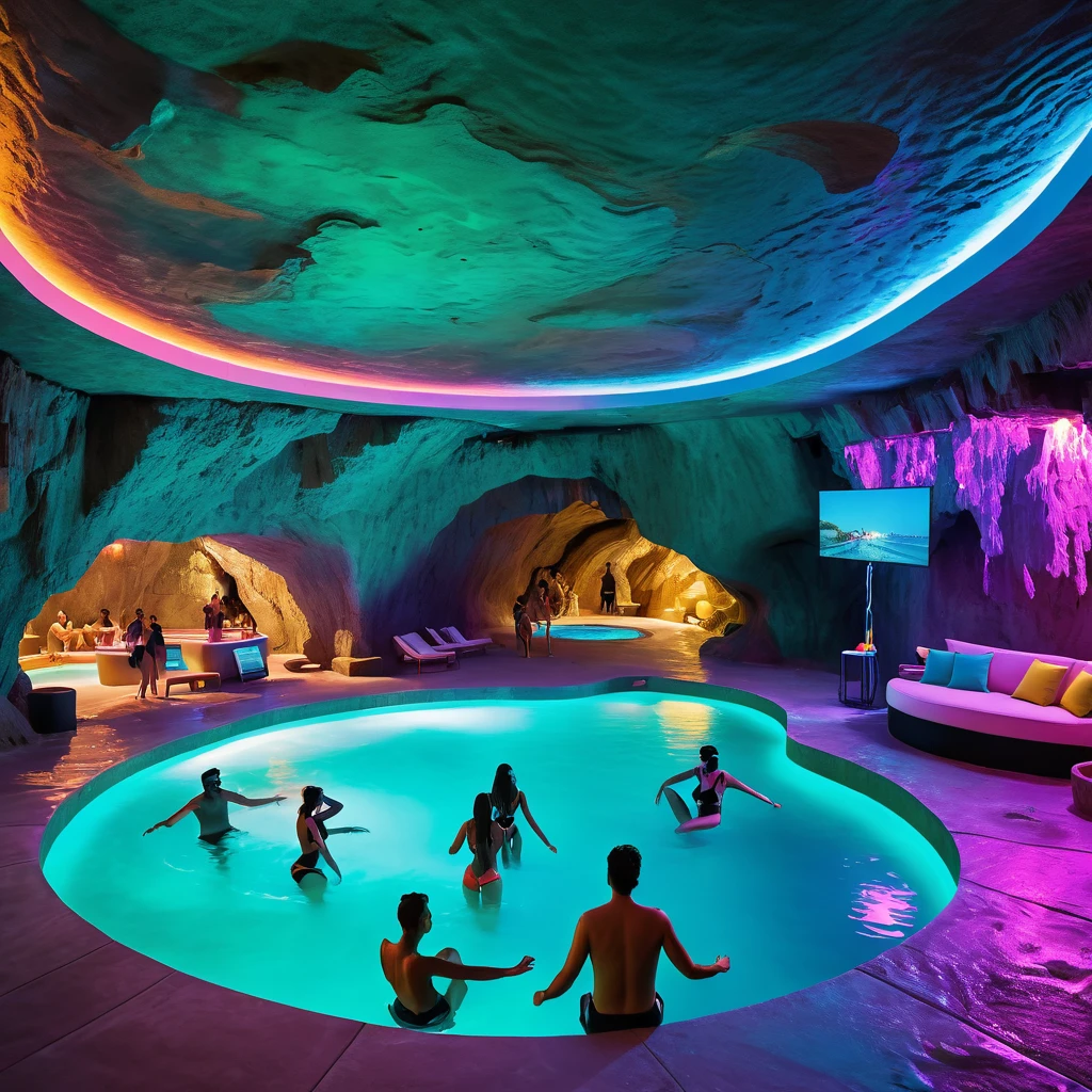 Underground cave pool  peoples enjoy bath, bustling with people dancing to the rhythm of a DJ's music, Underground cave swimming pool reflecting the neon lights, with people dancing, a DJ booth, and a panoramic view, high-energy nightlife atmosphere, soft sand textures meeting elegantly designed poolside furniture, drone perspective, dynamic lighting, ultra realistic, cinematic atmosphere