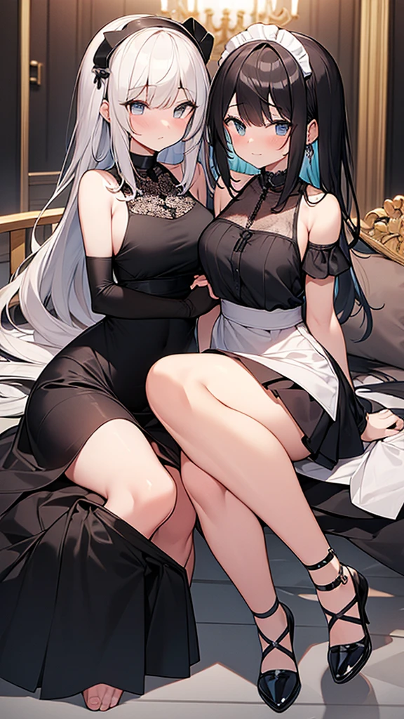 anime - style image of a woman in a black and white outfit laying on a bed, perfect white haired girl, 2 b, 2b, tifa lockhart with white hair, neferpitou, white haired, digital art from danganronpa, loish |, girl with white hair, white haired lady, gwen stacy, cyborg - girl with silver hair