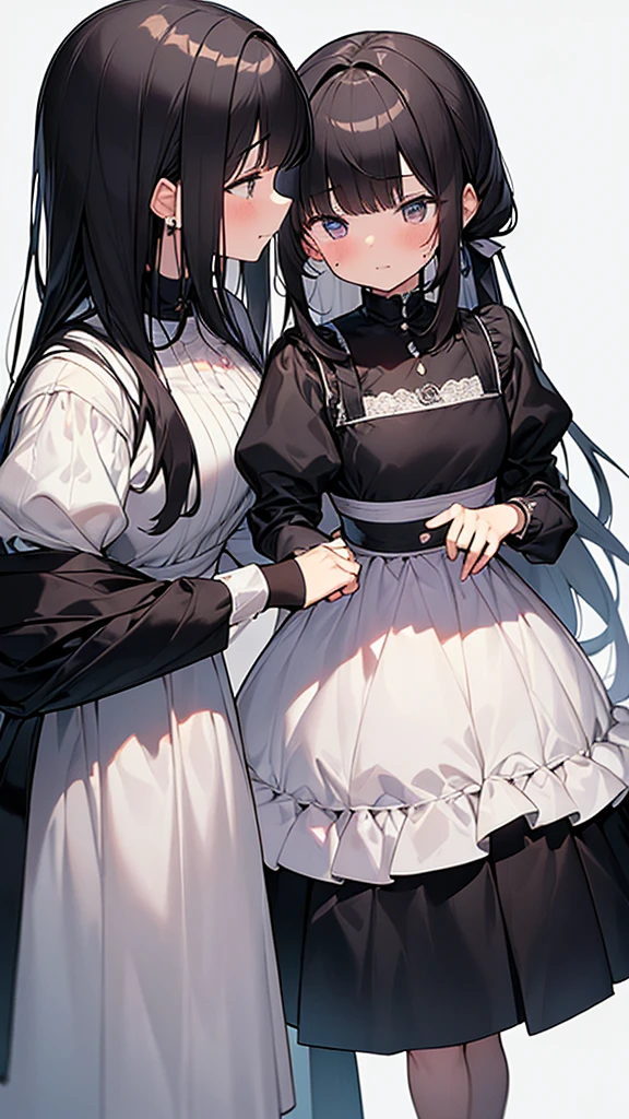(2girl,20 years old,mature female),black hair,long hair,maid outfit,sad,blush,(white background,line drawing), HugsAI