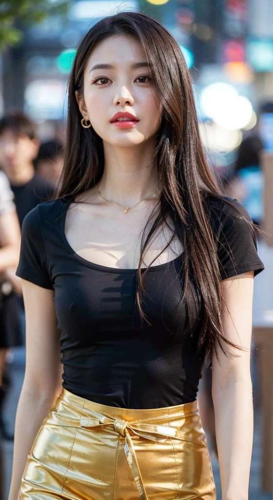 a woman in a Black top and gold skirt walking down a street, beautiful south korean woman, korean girl, Black top, gorgeous young korean woman, beautiful young korean woman, korean woman, She is wearing a black vest, Wearing a black T-shirt, Skinny shirt, Wearing a black T-shirt, wearing Skinny shirt, Tight black vest, Photos of slim girl models.
Masterpiece, ultra detailed, realistic, photo realistic, high detail RAW color photo, professional photograph, extremely detailed, finely detail, lens flare, Dynamic lighting, 8K, RAW Photo, Best High Quality, Masterpiece: 1.2, ultra HD: 1, High Detail RAW Color Photo, Pro Photo, Realistic, Photo Realistic: 1.5, Live Photo, Super detailed, Masterpiece, Real Skin, Realistic Skin, Realistic HD Eyes, Highly detailed Eyes, Perfect Eyes, Perfect face, Perfect fingers, extremely detailed face, extremely detailed eyes, extremely detailed skin, perfect anatomy.