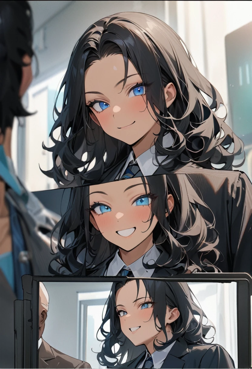 (( straight face picture )) ((best quality)), (Masterpiece)), (details), ( Beautiful colors ) ( ornamentation )( man ) ,doctorหนุ่ม , Tanned skin , black hair,blue eyes ,Shoulder-length hair ,Slightly curly hair , open forehead , suit ,doctor , Smiling.
