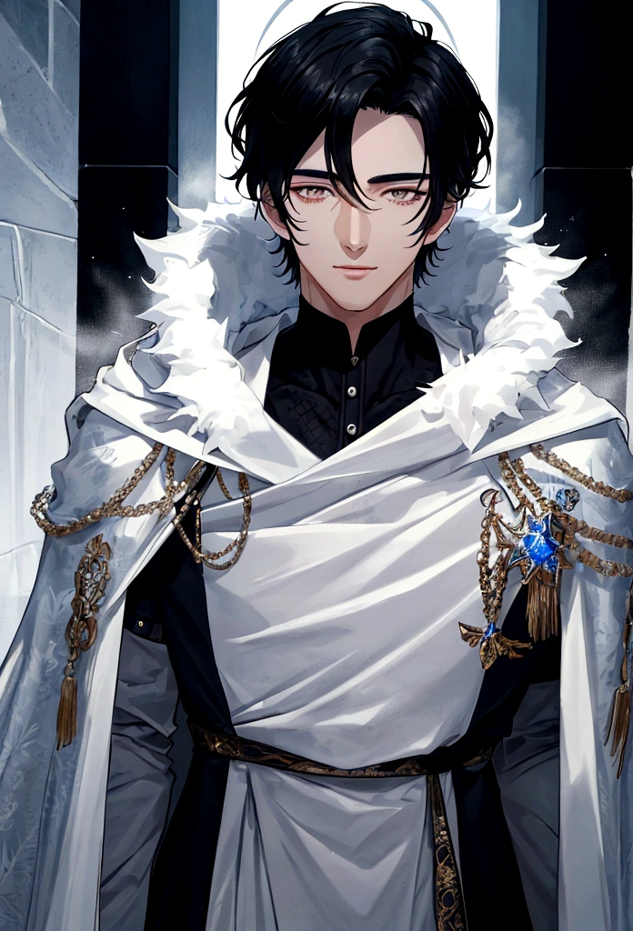 a handsome man with short dark black hair, white eyes, detailed face and icy details