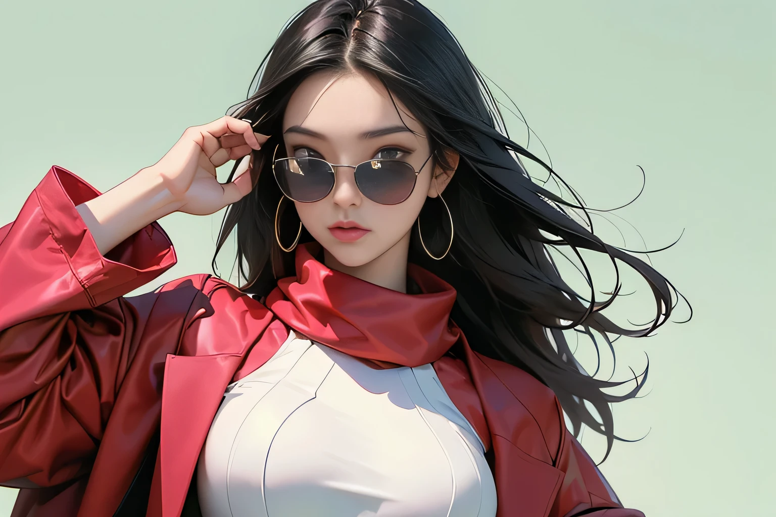 (masterpiece, best quality, 8k wallpaper, high resolution, ultra realistic) , 2 women, 2 girls with sunglasses, 18 years old, black hair (long hair, short cut), 8k, RAW portrait (Japanese women), masterpiece, photorealistic: 1.3, realistic, ultra high resolution, best quality, real life photo, (in the evening: 1.1), ((((1 girl: 1.5))))(cute face: 1.3), perfect proportions, 80s big sunglasses, long hair, steampunk, col: white/green, face retouch, labrador, robot suit, chrome skin, savvy, anime cosplay, cyber enhanced, skin color – , slim bodysuit, red scarf, light colored background, two people posing.