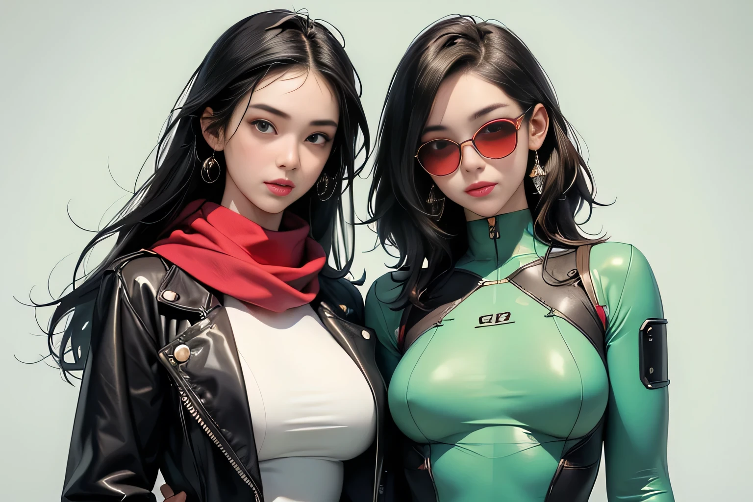 (masterpiece, best quality, 8k wallpaper, high resolution, ultra realistic) , 2 women, 2 girls with sunglasses, 18 years old, black hair (long hair, short cut), 8k, RAW portrait (Japanese women), masterpiece, photorealistic: 1.3, realistic, ultra high resolution, best quality, real life photo, (in the evening: 1.1), ((((1 girl: 1.5))))(cute face: 1.3), perfect proportions, 80s big sunglasses, long hair, steampunk, col: white/green, face retouch, labrador, robot suit, chrome skin, savvy, anime cosplay, cyber enhanced, skin color – , slim bodysuit, red scarf, light colored background, two people posing.