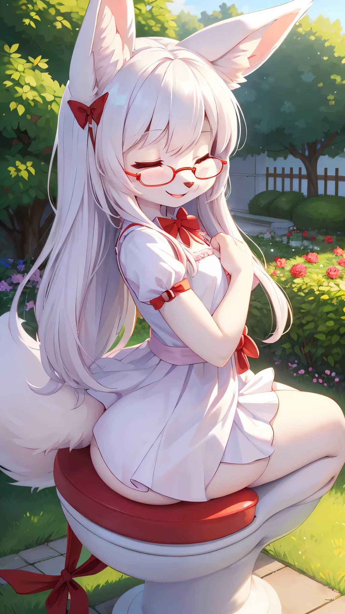 best quality,Optimal resolution,(Fluffy anthropomorphic furry :1.6),(young :1.6),White Rabbit Girl,Small Breasts,Red Eyes,Bright Eyes,White long hair,White rabbit with long ears,White rabbit tail,Red ribbon bow tie,Glasses,Red ribbon hairpin,Red bracelet with ribbon,Pink cute ruffle dress，Bring a bow,Huge garden,White beam,outdoor,Smiley Face,Smile,Two eyes closed，Sitting on the toilet，The butt stinks，Covering my butt in surprise