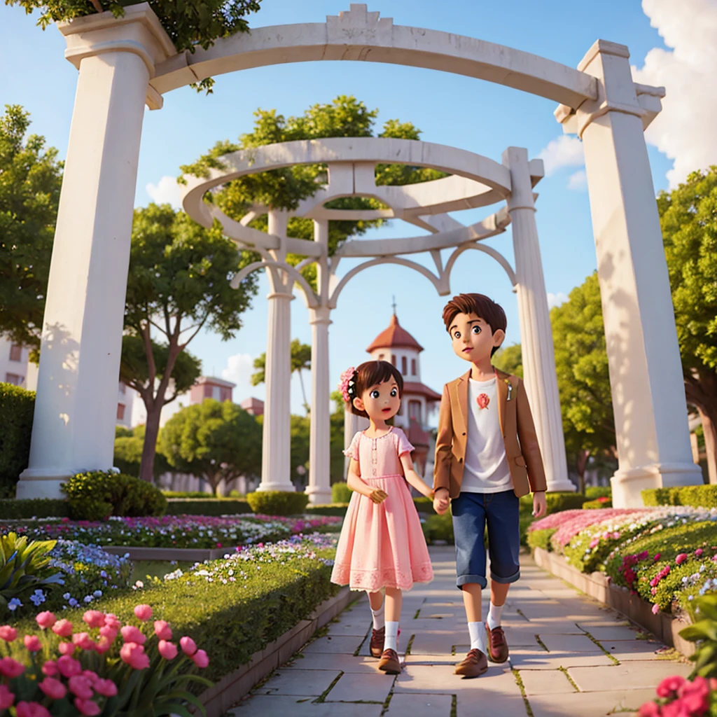 Boy and girl in the flower park
