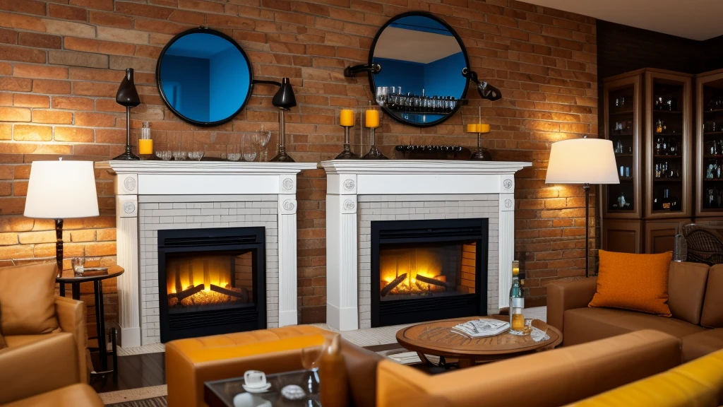 sophisticated lounge with a drinking bar with bottles decorated with warm lights. cozy modern sofa. dim-lit atmosphere with blue, brown, orange and yellow hues. fireplace. a bottle of wine and champagne glass on the low table infront of the sofa. bricked wall, window revealing the raining streets outside. a gramophone sitting on one side of the bar counter