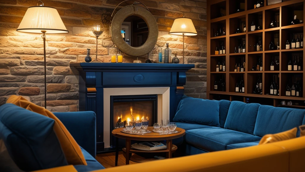sophisticated lounge with a drinking bar with bottles decorated with warm lights. cozy modern sofa. dim-lit atmosphere with blue, brown, orange and yellow hues. fireplace. a bottle of wine and champagne glass on the low table infront of the sofa. bricked wall, window revealing the raining streets outside. a gramophone sitting on one side of the bar counter